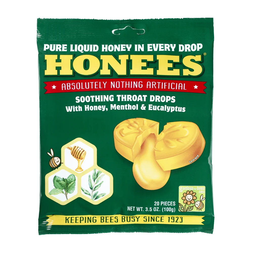 Honees - Honey Menthol & Eucalyptus Soothing Throat Drops, 20 Count - 3.5oz (100g)