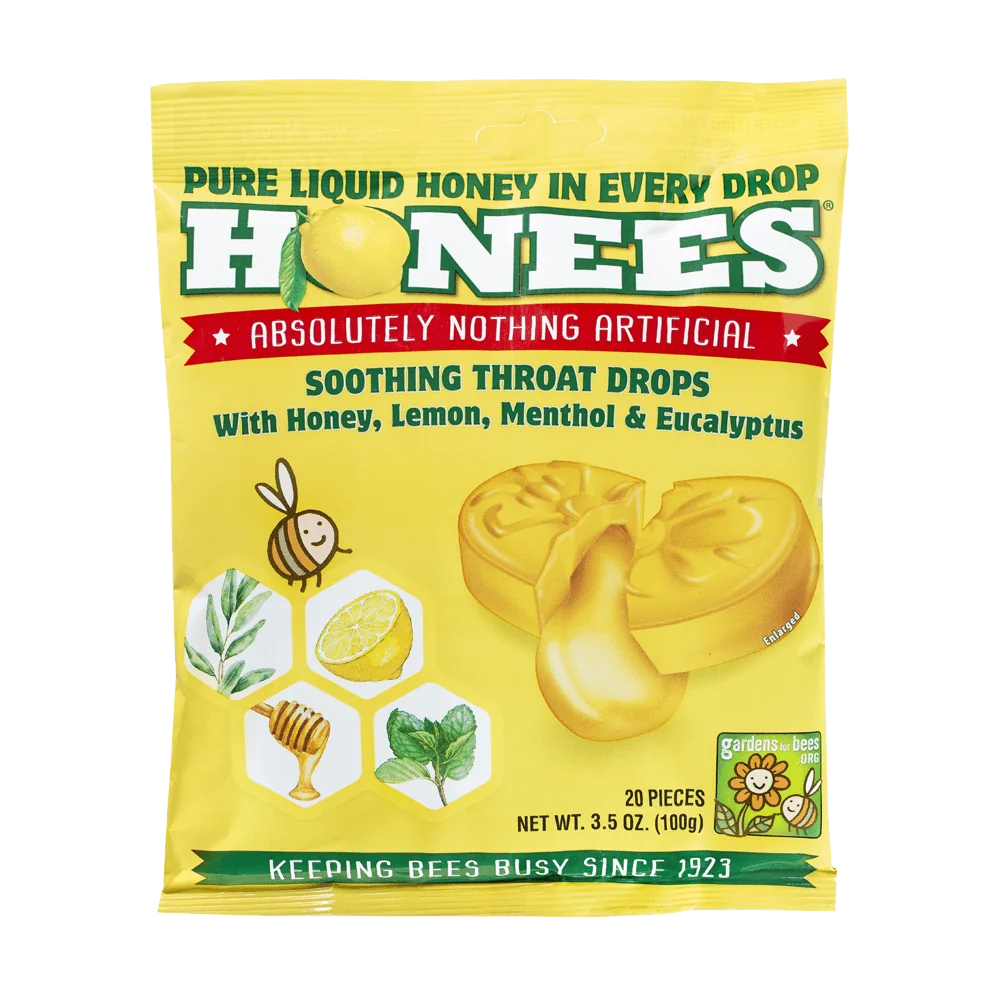 Honees - Honey Lemon Menthol & Eucalyptus Throat Drops, 20 Count - 3.5oz (100g)